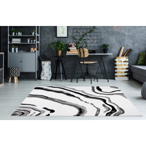 Ladole Rugs Calvin White Black Abstract Area Rug 6'5" x 9'5"