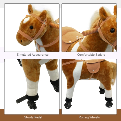 Qaba Kids Rocking Horse, Large Walking Ride on Toy for Toddlers 3 year old, Baby Plush Animal Rocker with Sound and Wheel, Brown