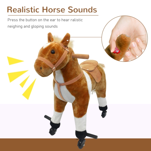 Qaba Kids Rocking Horse, Large Walking Ride on Toy for Toddlers 3 year old, Baby Plush Animal Rocker with Sound and Wheel, Brown