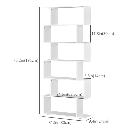 HOMCOM 76" 6-Tier Geometric Wooden Bookcase S Shaped Storage Display Bookshelf Modern shelf Open Concept Living Room Home Office Furniture, White