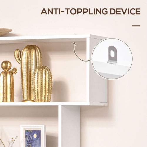 HOMCOM 76" 6-Tier Geometric Wooden Bookcase S Shaped Storage Display Bookshelf Modern shelf Open Concept Living Room Home Office Furniture, White