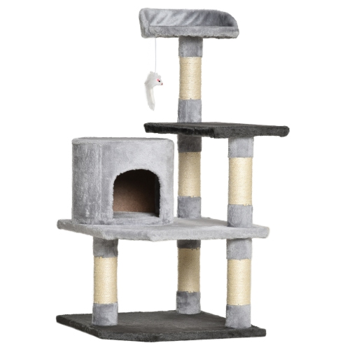 PawHut 39" Cat Scratching Tree Kitten Condo Playhouse Kitty Activity Center Rest Post Top Perch with Hanging Toy Grey