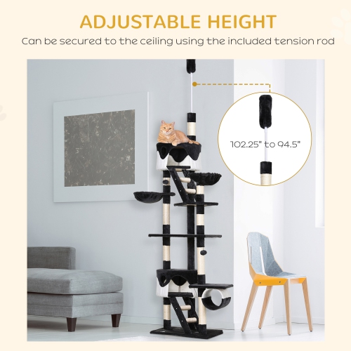 PawHut Cat Tower for Large Cats Adult, Floor to Ceiling Cat Tree Adjustable Height 94"-102" Multi-Level with Scratching Posts, Cozy Hammock, Pompoms,