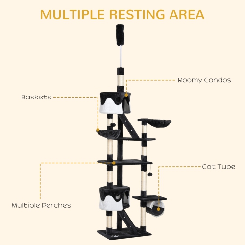 PawHut Cat Tower for Large Cats Adult, Floor to Ceiling Cat Tree Adjustable Height 94"-102" Multi-Level with Scratching Posts, Cozy Hammock, Pompoms,