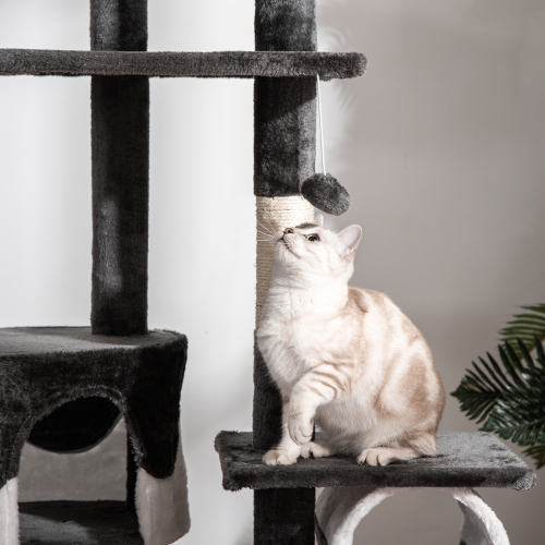 PawHut Cat Tower for Large Cats Adult, Floor to Ceiling Cat Tree Adjustable Height 94"-102" Multi-Level with Scratching Posts, Cozy Hammock, Pompoms,