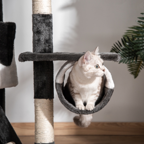 PawHut Cat Tower for Large Cats Adult, Floor to Ceiling Cat Tree Adjustable Height 94"-102" Multi-Level with Scratching Posts, Cozy Hammock, Pompoms,
