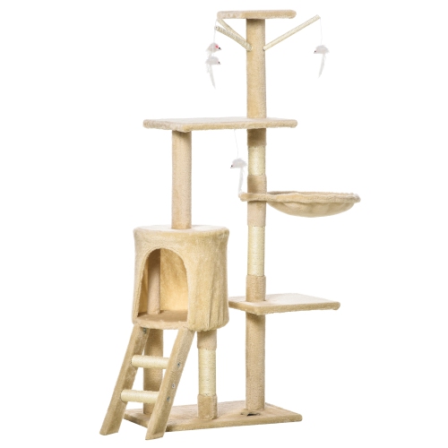 PawHut 52" Multi-Level Cat Tree Kitten Playhouse Kitty Activity Center Scratching Post Rest Condo with Hammock Beige