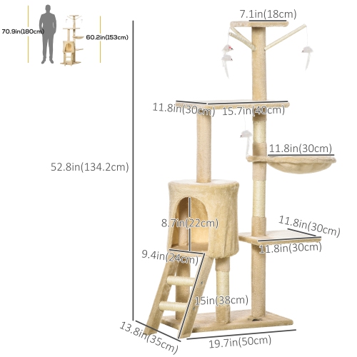 PawHut 53" Cat Tree, Large Cat Tower with Scratching Posts, Condo, Perches, Ladder, Hammock, Dangling Toys, Multi-level Kitten Activity Centre, Beige