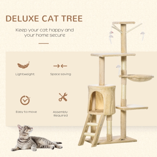 PawHut 53" Cat Tree, Large Cat Tower with Scratching Posts, Condo, Perches, Ladder, Hammock, Dangling Toys, Multi-level Kitten Activity Centre, Beige