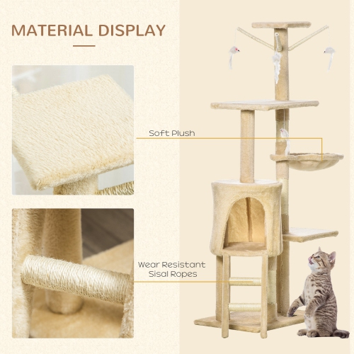 PawHut 53" Cat Tree, Large Cat Tower with Scratching Posts, Condo, Perches, Ladder, Hammock, Dangling Toys, Multi-level Kitten Activity Centre, Beige
