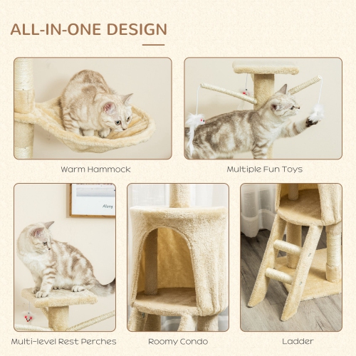 PawHut 53" Cat Tree, Large Cat Tower with Scratching Posts, Condo, Perches, Ladder, Hammock, Dangling Toys, Multi-level Kitten Activity Centre, Beige