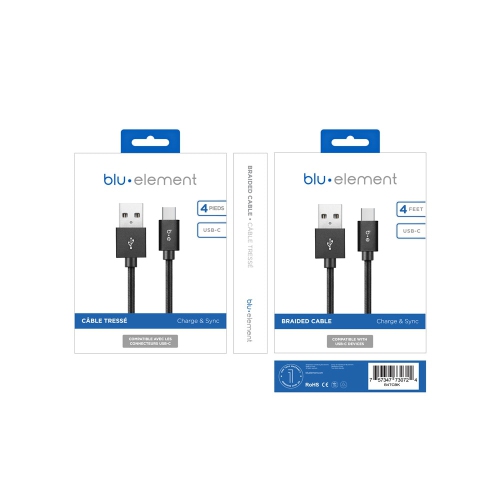 Blu Element Braided Charge/Sync USB-C to USB-A Cable 4ft | Black