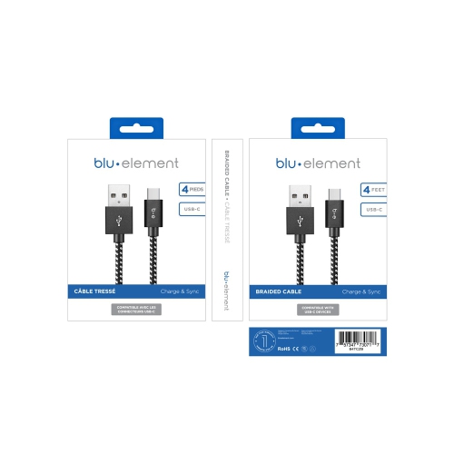 Blu Element Braided Charge/Sync USB-C to USB-A Cable 4ft | Zebra