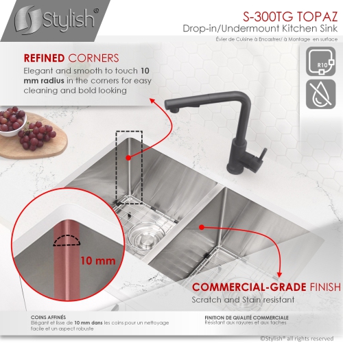 ÉLÉGANT évier de cuisine à deux cuvettes de 28 po, acier inoxydable de calibre 18 avec grilles et paniers, inox