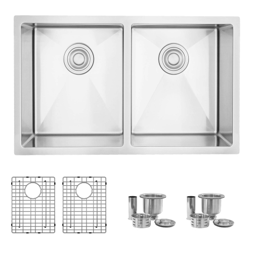 Stylish Dual-Mount 30 inch Stainless Steel 18 G Double Bowl Kitchen Sink with Grids S-304TG