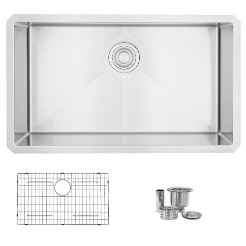 32" L x 18" W Undermount Single Bowl Kitchen Sink, 16G Stainless Steel with Strainer and Bottom Grid, S-323XG