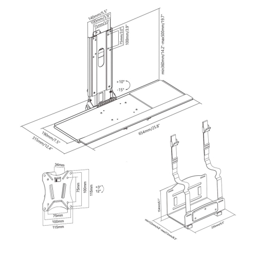 Boost WM-3N1 VESA Compatible Height Adjustable Display Wall Mounted Workstation For 13" To 32" LED/LCD Screens with CPU Holder