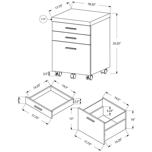Monarch Specialties i 7401 filing cabinet 3 drawer grey wood grain on castors