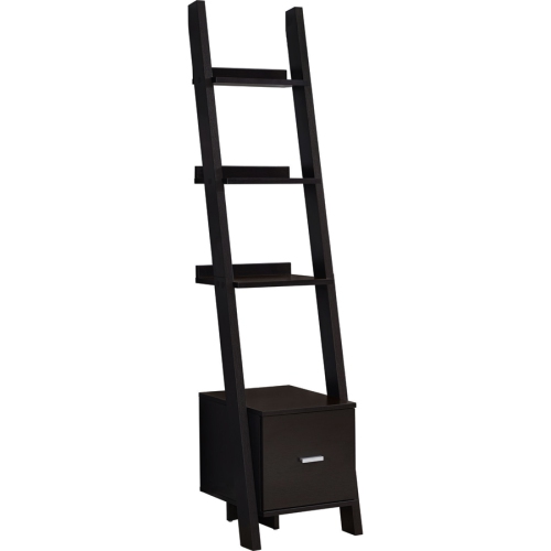 Monarch Specialties i 2765 bookcase 69"h cappuccino ladder storage drawer