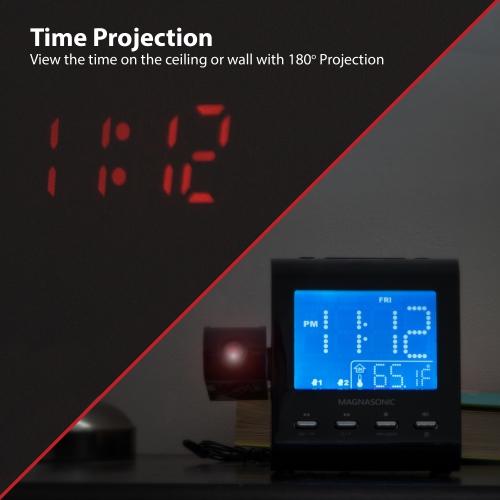 Magnasonic Projection Alarm Clock with AM/FM Radio, Battery Backup, Auto Time Set, Dual Alarm & 3.5mm Aux Input - White