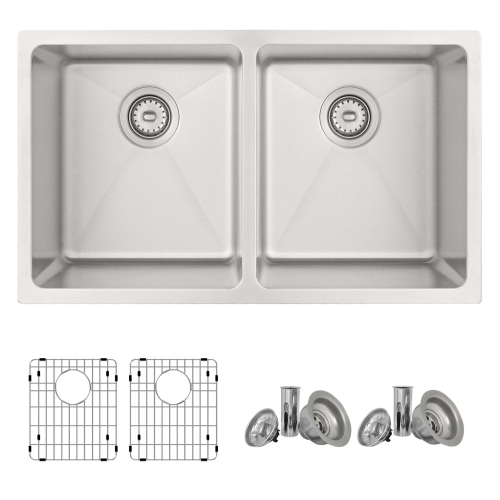 Stylish Dual-Mount 31" Double-Bowl Stainless Steel Kitchen Sink with Strainers and Grids S-401G