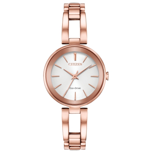 CITIZEN  Ladies Axiom Japanese Eco-Drive Watch 28MM Gold-Tone Stainless Steel Case And Bangle With Silver-White Dial (Em0633-53A) In Pink