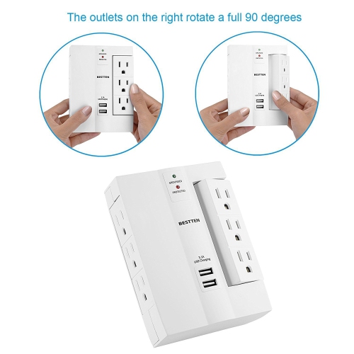 6-Outlet Surge Protector Side Wall Tap Adapter with 2 USB Charging Ports (3.1A total), Suppressor,Certified