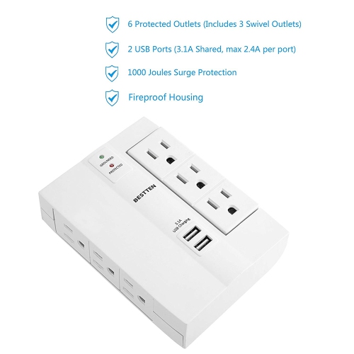 6-Outlet Surge Protector Side Wall Tap Adapter with 2 USB Charging Ports (3.1A total), Suppressor,Certified
