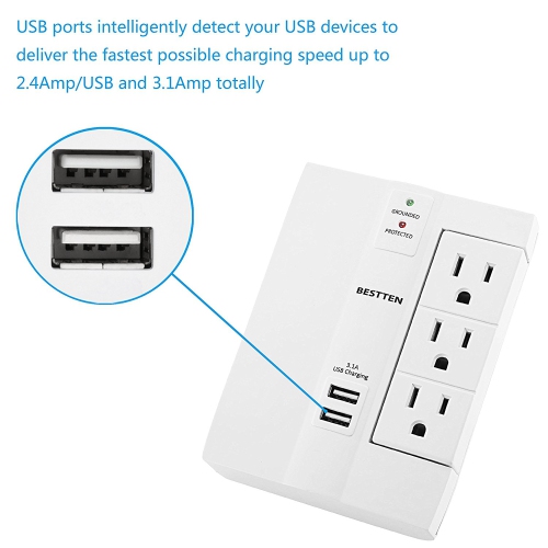 6-Outlet Surge Protector Side Wall Tap Adapter with 2 USB Charging Ports (3.1A total), Suppressor,Certified