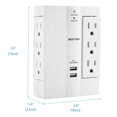 6-Outlet Surge Protector Side Wall Tap Adapter with 2 USB Charging Ports (3.1A total), Suppressor,Certified