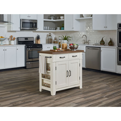 Urban Farm House Kitchen Island Traditional Cabinet with Vintage Oak Top - White