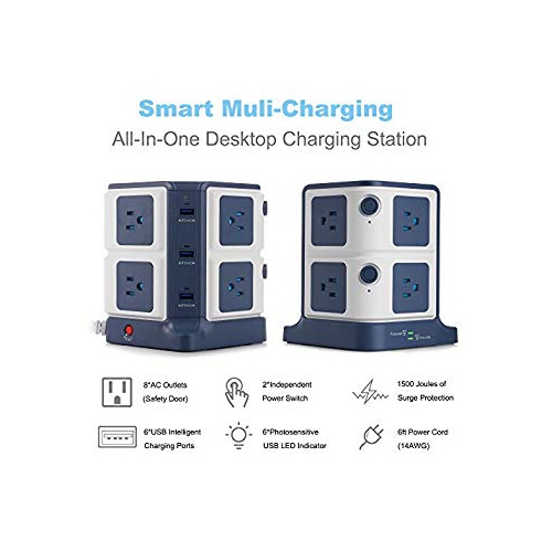 BESTEK Surge Protector 8-Outlet and 40W 6-Port Smart USB Power Strip with 1500 Joules Surge Protection,ETL Listed,Dorm Room Accessories MRJ8008