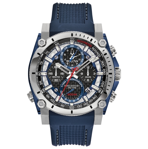 BULOVA WATCH  Bulova Mens Icon Precisionist Watch 46.5MM Silver-Tone Stainless Steel Case Polyurethane Strap With Black Dial (98B315) In Blue