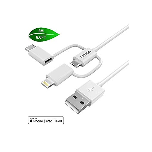 FOXSUN  [Apple Mfi Certified] Multi USB Charging Cable 6.6Ft 2M 3 In 1 USB Cable 8Pin Lightning USB Type C Micro USB Connector