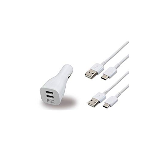 Cableshark pour chargeur d’auto compatible avec le Note 7 Note 8 à deux ports USB et 2 câbles de recharge de type C amovibles de Samsung - Blanc