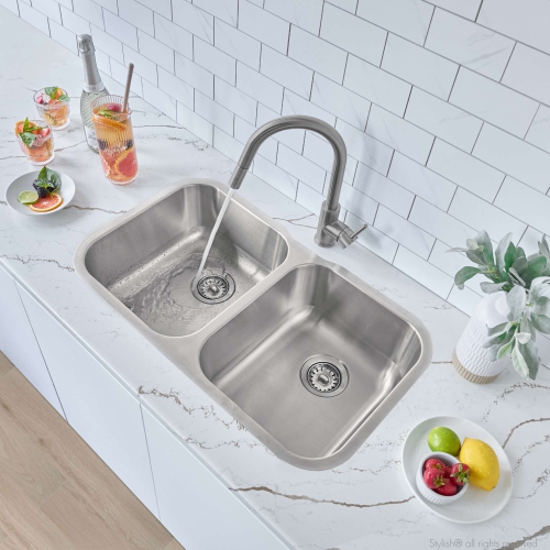 Stylish 31 ¼-inch Dual Mount Double Bowl 18 Gauge Stainless Steel Kitchen Sink, S-200T