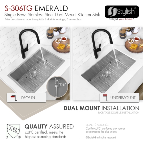 Stylish Dual-Mount 28 inch Stainless Steel Single Bowl Kitchen Sink S-306TG