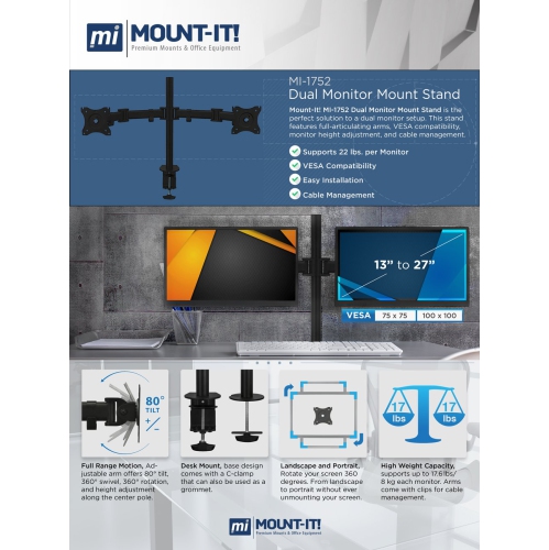 Mount-It! Dual Monitor Articulating Spring Arm Desk Mount Stand for Two LCD Screens, VESA 75 and 100, Capacity 17.6 lbs each Arm (MI-1752)