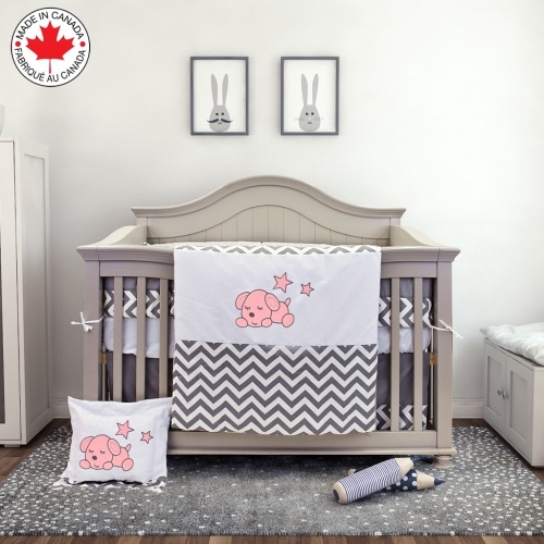 BEBELELO BABY CRIB BEDDING 8 PIECE GREY ZIGZAG SET, PERFECT FOR BABY GIRLS AND BOYS, INCLUDES PINK PUPPY DESIGN
