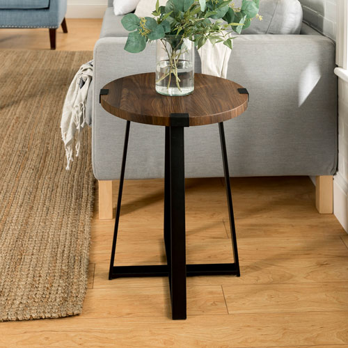 Winmoor Home Transitional Round End Table - Walnut/Black Metal