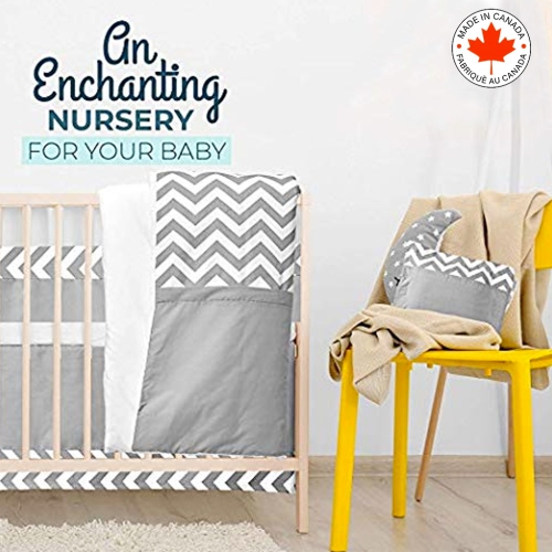 Bebelelo baby crib bedding 7 piece zigzag set, perfect for baby girls and boys, includes gray and white chevron design