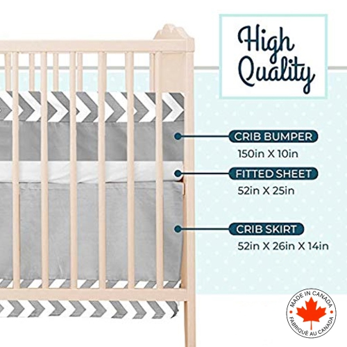 Bebelelo baby crib bedding 7 piece zigzag set, perfect for baby girls and boys, includes gray and white chevron design