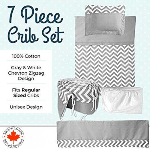 Bebelelo baby crib bedding 7 piece zigzag set, perfect for baby girls and boys, includes gray and white chevron design