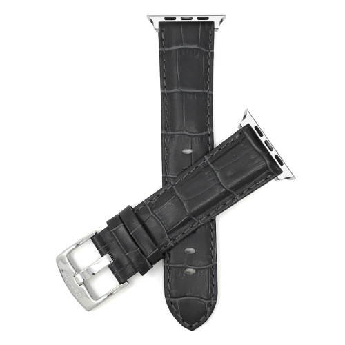 BANDINI  Grey, Mens' Alligator Style Leather 41MM / 40MM / 38MM Apple Watch Strap Band, Stainless Steel Buckle, Series 8 7 6 5 4 3 2 1 & Se