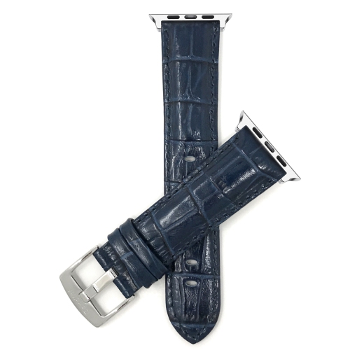 BANDINI  Blue, Extra Long (Xl), Mens' Alligator Style Leather 41MM / 40MM / 38MM Apple Watch Band Strap, Glossy Finish, Series 8 7 6 5 4 3 2 1 & Se