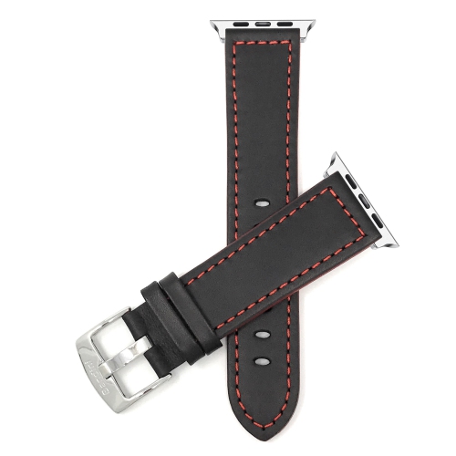 Black / Red Stitching, Leather 41mm / 40mm / 38mm Apple Watch Strap Band, Racer, Stainless Steel Buckle, Series 8 7 6 5 4 3 2 1 & SE