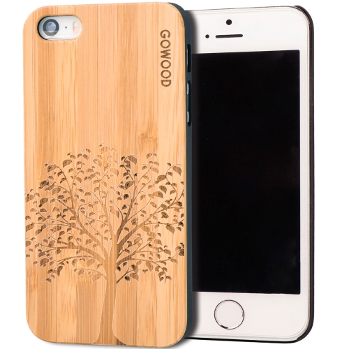 iPhone 5 / 5S / SE Wood Case | Bamboo Tree Design Engraved & Durable Polycarbonate Shockproof Bumper with Rubber Coating