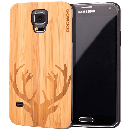 Étui Samsung Galaxy S5 en bois et côtés en polycarbonate – bambou avec gravure chevreuil
