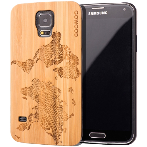 Étui en bois pour Galaxy S5 de Samsung | Parechoc en bambou avec conception de carte du monde gravé et résistant, rebord protecteur en polycarbonate