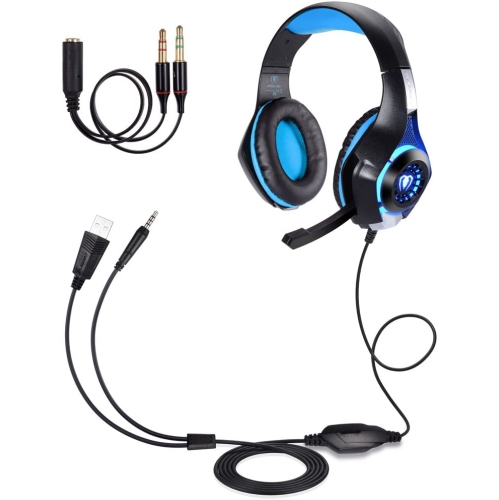 3.5mm Stereo Gaming Headset for Xbox one PS4 PC, Surround Sound Over-Ear Headphones with Noise Cancelling Mic, LED Lights, Volume Control Gamer